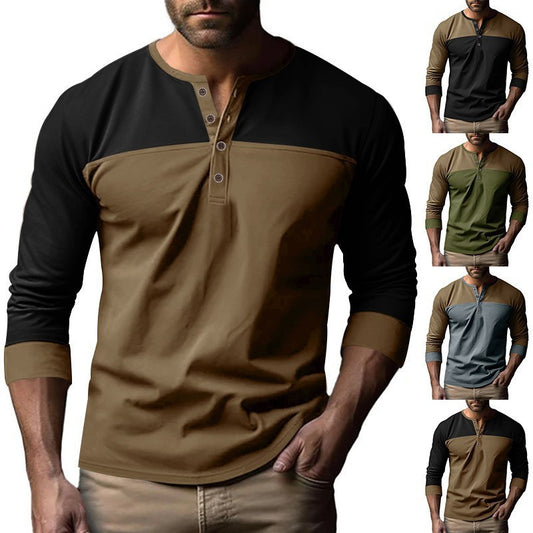 Retro Trendy Long-sleeve Color Matching Henry Collar